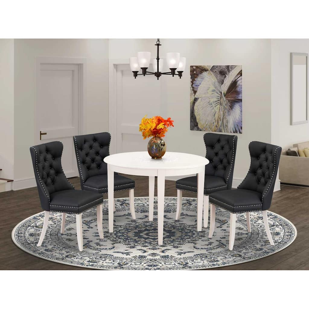 5-Piece Linen White Solid Wood Top - Round Upholstered Dining Room Set - (Seats-4)