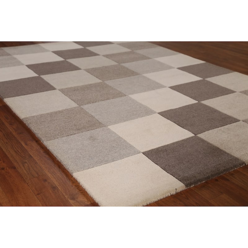 Checkered Gabbeh Indian Area Rug Handmade Wool Carpet - 5'3" x 7'7" - 5'3" x 7'7" - Brown