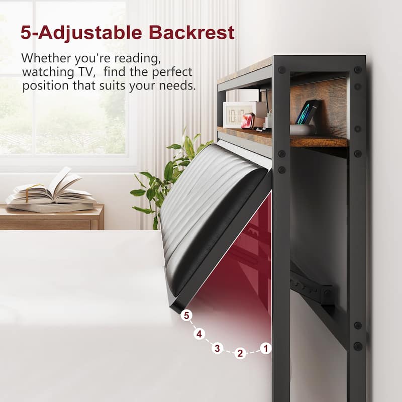 Antique Brown Platform Bed Metal Bed Frame with LED Lighted Upholstered Headboard/Adjustable Backrest/Built-in Charging Station