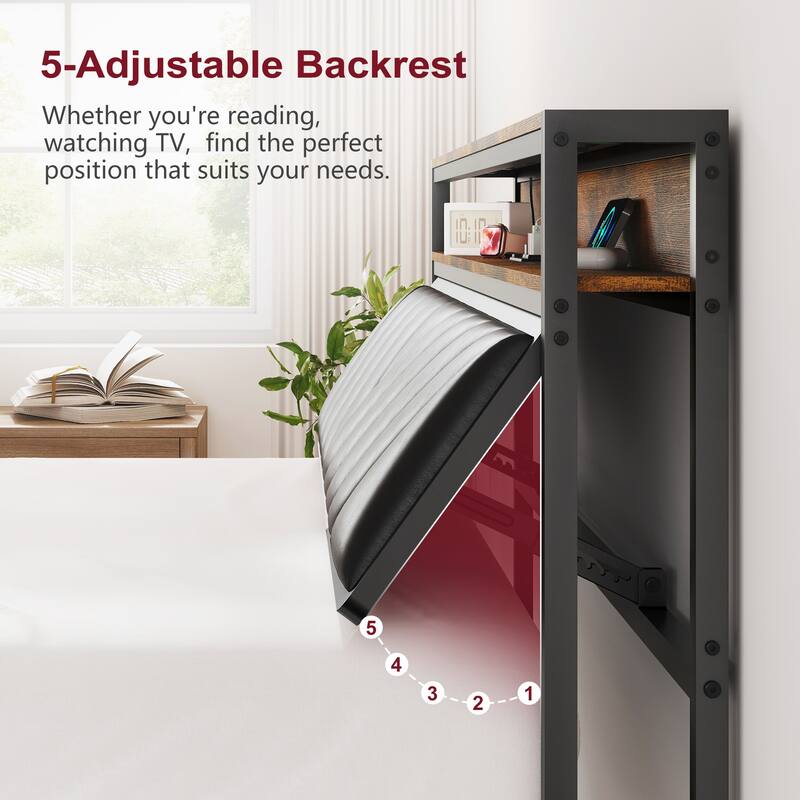 Queen Metal Bed Frame with LED Headboard, Adjustable Backrest, Charging Ports, Anti-Slip Design & Noise-Free Support