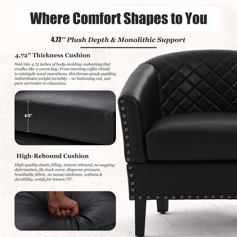 HOMEFUN Leather Upholstered Nailhead Wooden Frame Barrel Club Chair with Solid Woood Legs