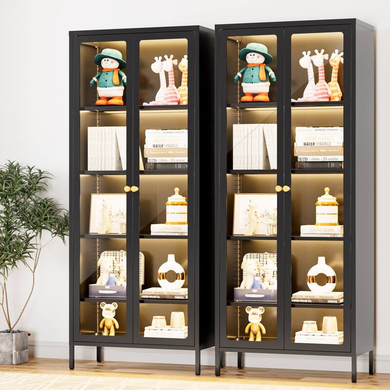 4/5-Tier Glass Curio Display Cabinet with Doors & Adjustable Storage Shelves