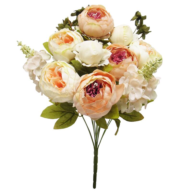 Artificial Mixed Peony Hydrangea Flower Stem Bush Bouquet 19in - 19" L x 11" W x 11" DP - Cream Peach