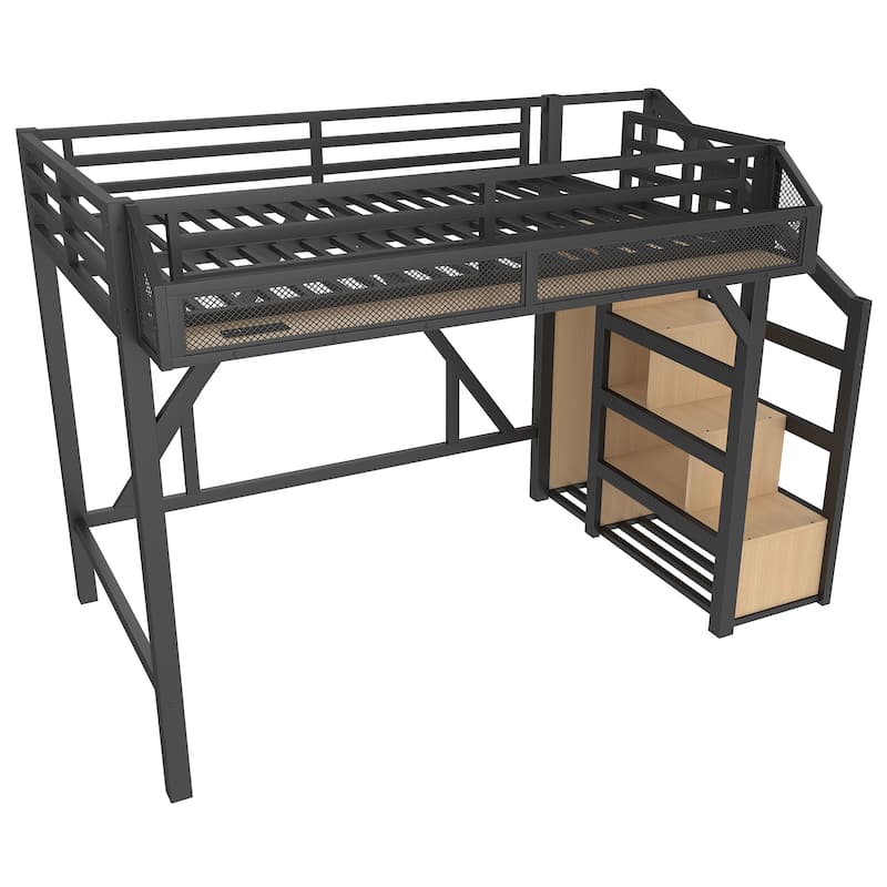 Twin XL/Twin Metal Loft Bed with Storage Stairs, Wardrobe, USB Ports & LED Lights