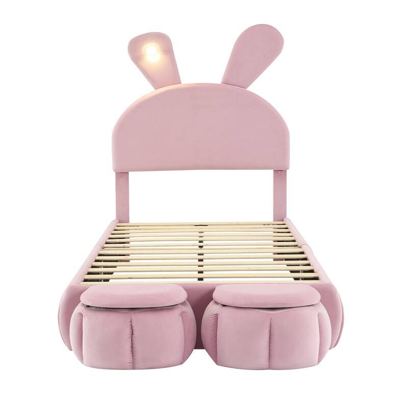 Twin/Full Size Upholstered Platform Bed with Cartoon Ears Shaped Headboard & Light, Cute Kids Bed Frame w/2 Small Storage Stools