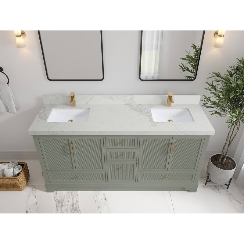 Willow Collections 72 x 22 Alys Double Bowl Sink Bathroom Vanity with Countertop - 2"Calacatta Nuvo - Evergreen