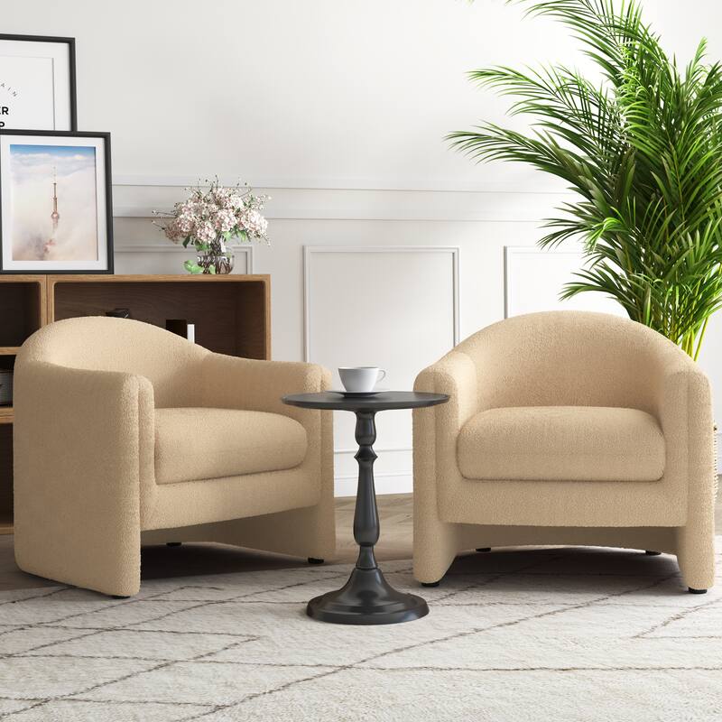 Upholstered Barrel Accent Chair, Low Back Arm Chair(Set of 2) - Boucle - Camel Boucle
