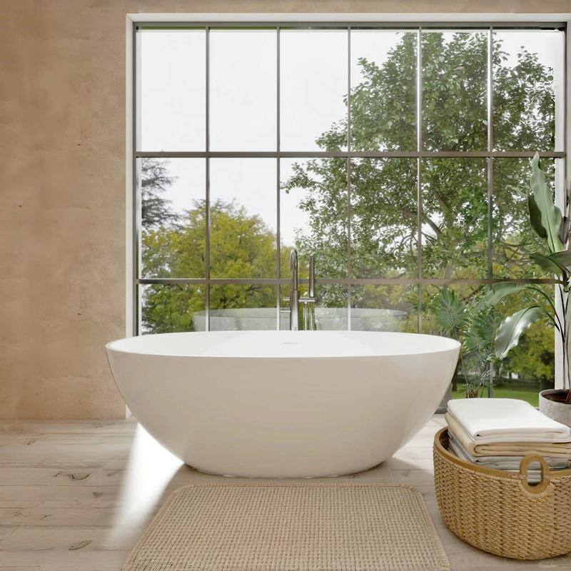 ABRUZZO 65" Freestanding Soaking Solid Surface Bathtub with Overflow and Pop-up Drain