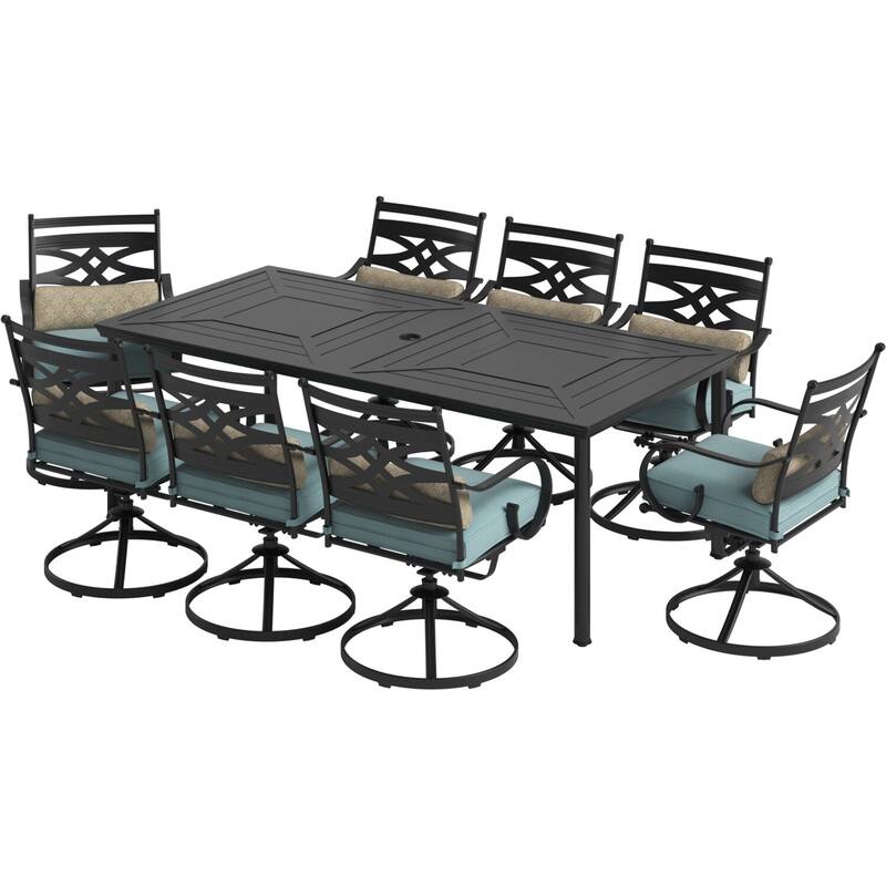 Hanover Montclair 9-Piece Dining Set in Ocean Blue with 8 Swivel Rockers and a 42-In. x 84-In. Table
