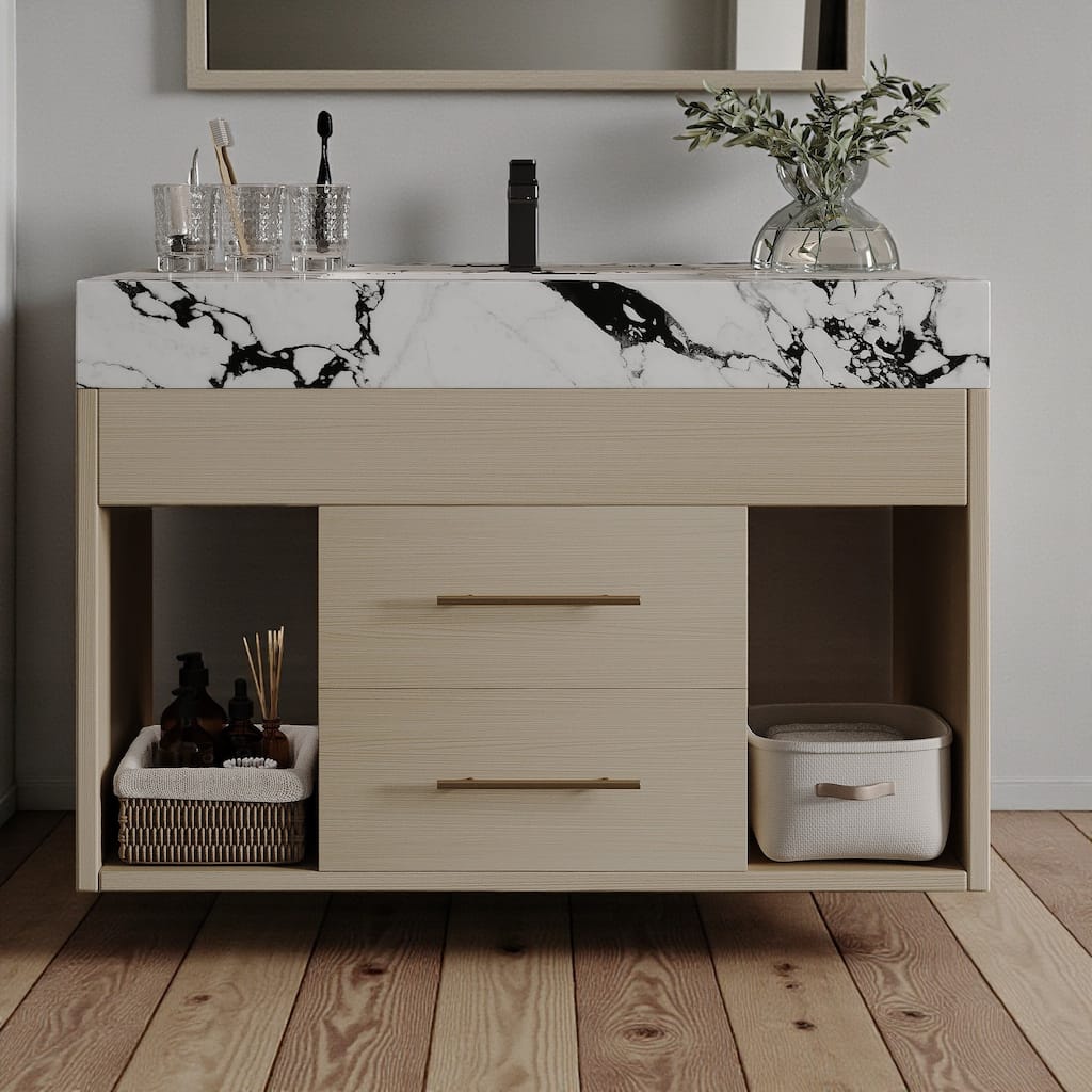 29.9" Floating Bathroom Vanity with Bulgari White Sintered Stone Top, Ceramic Undermount Sink & Storage