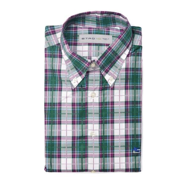 Shop Etro Mens Green Pink Cotton Checkered Print Button Down Shirt