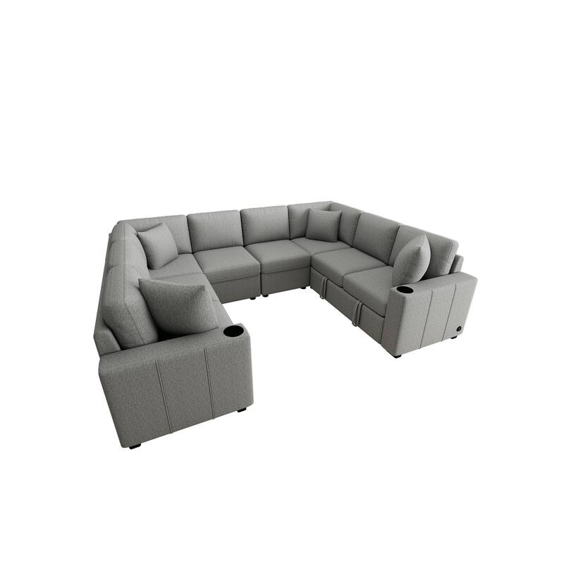 108.7" Chenille U-Shaped Sectional Sofa Bed with USB Charging and Cup Holders