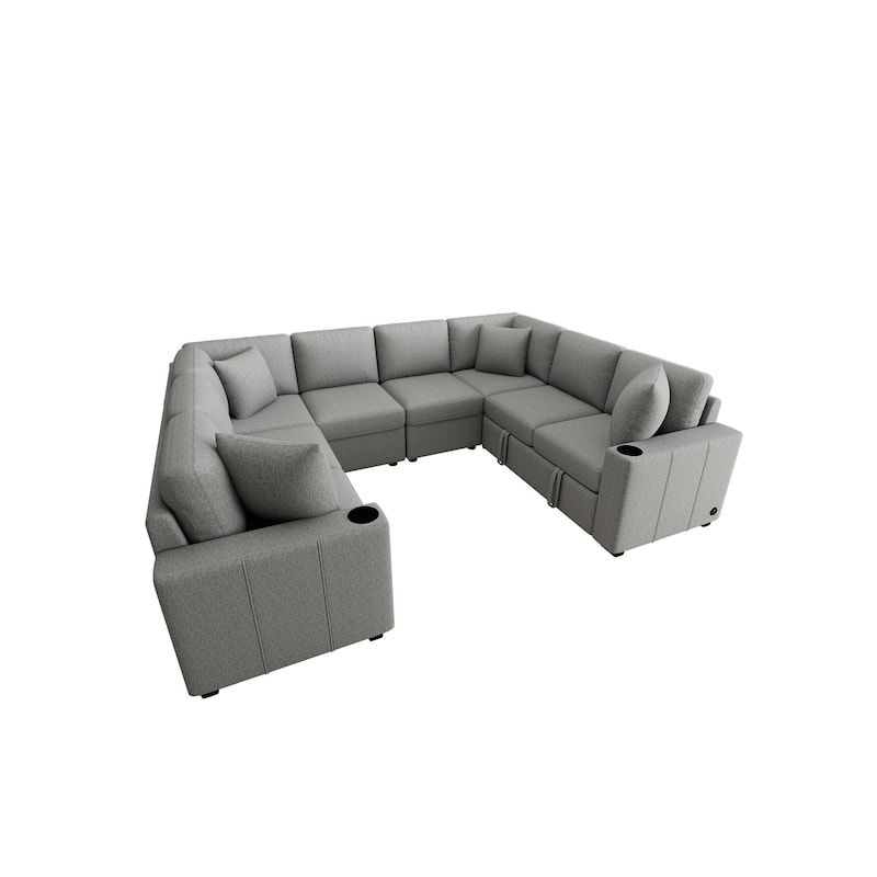 108.7" Chenille U-Shaped Sleeper Sectional Sofa Bed with USB & Cup Holders