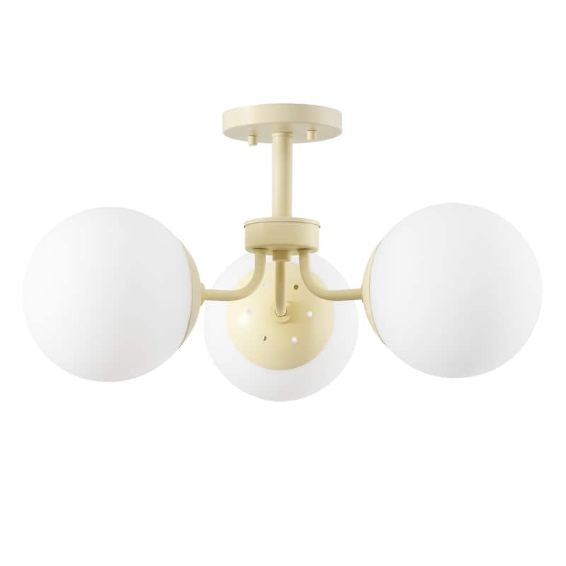 Ojai 23.5" 3-Light Bohemian Farmhouse Iron/Frosted Glass LED Semi Flush Mount, Brass Gold/White by JONATHAN Y