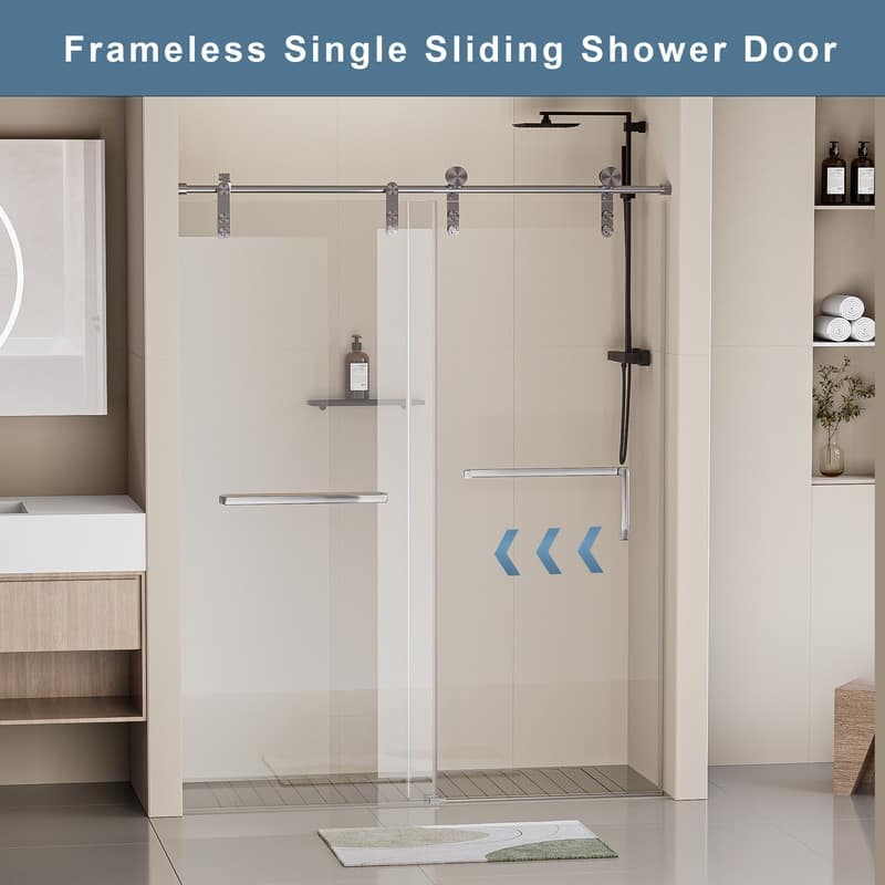 56-60" W x 76" H Single Sliding Frameless Shower Door with 5/16" (8mm) Tempered Glass & Dual Towel Bars