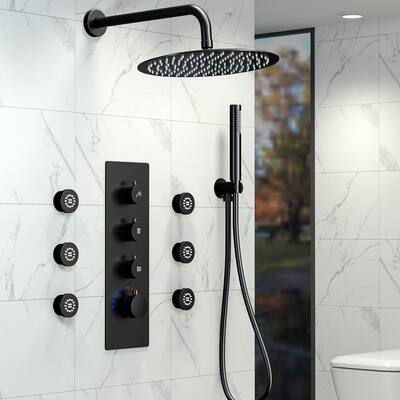 Thermostatic Shower Faucet System 12" Rainfall Shower Head with 4 Way Thermostatic Valve & 6 Body Jets