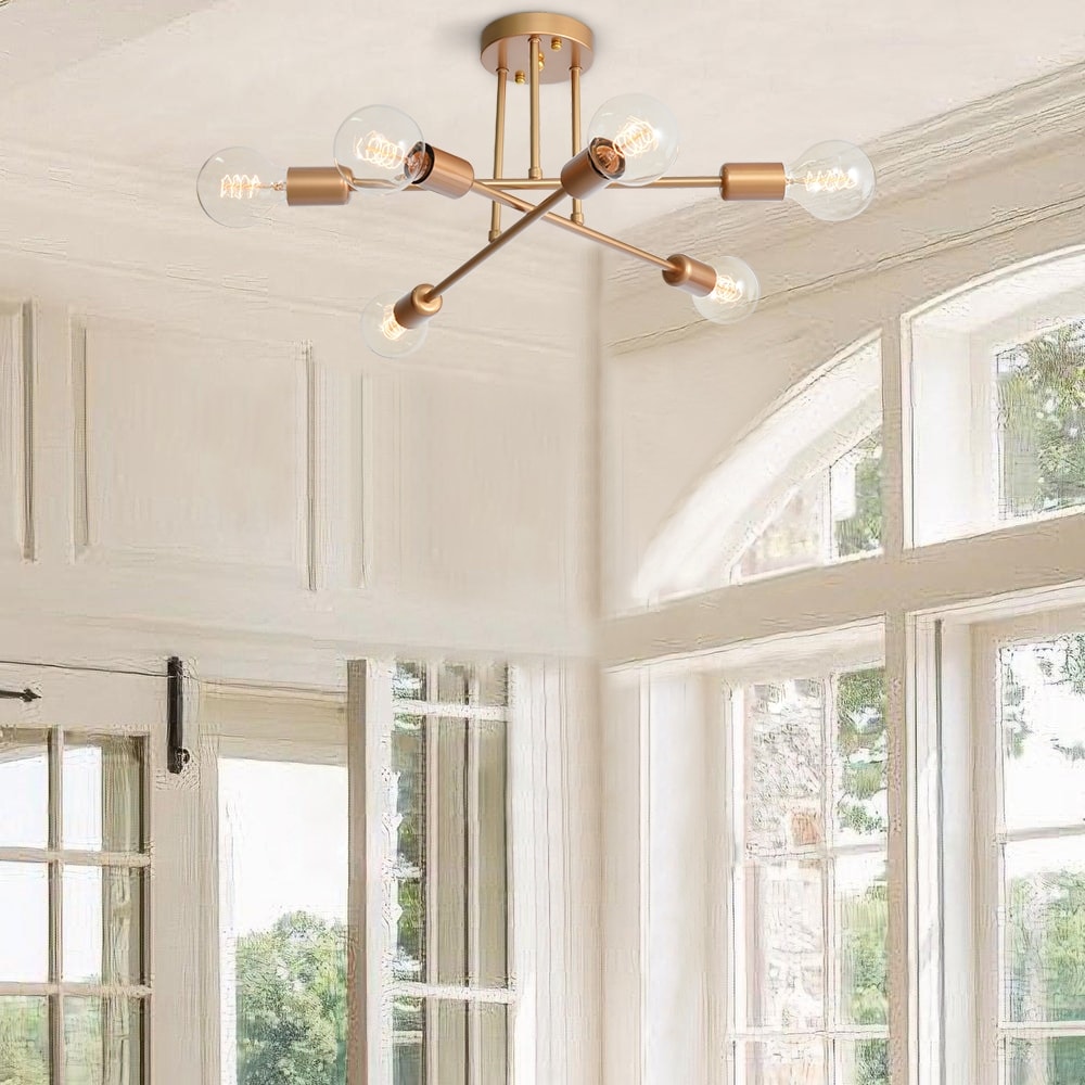 Rennnsan 6-Light Modern Industrial Linear Sputnik Branch Semi-Flush Mount Light Ceiling Light