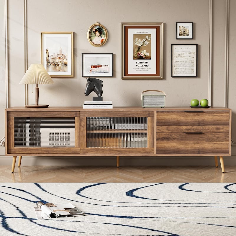 70 Inch TV Stand for 70" TV, Media Console Table with 2 Glass Doors, Entertainment Center with 2 Drawers & Storage Cabinet