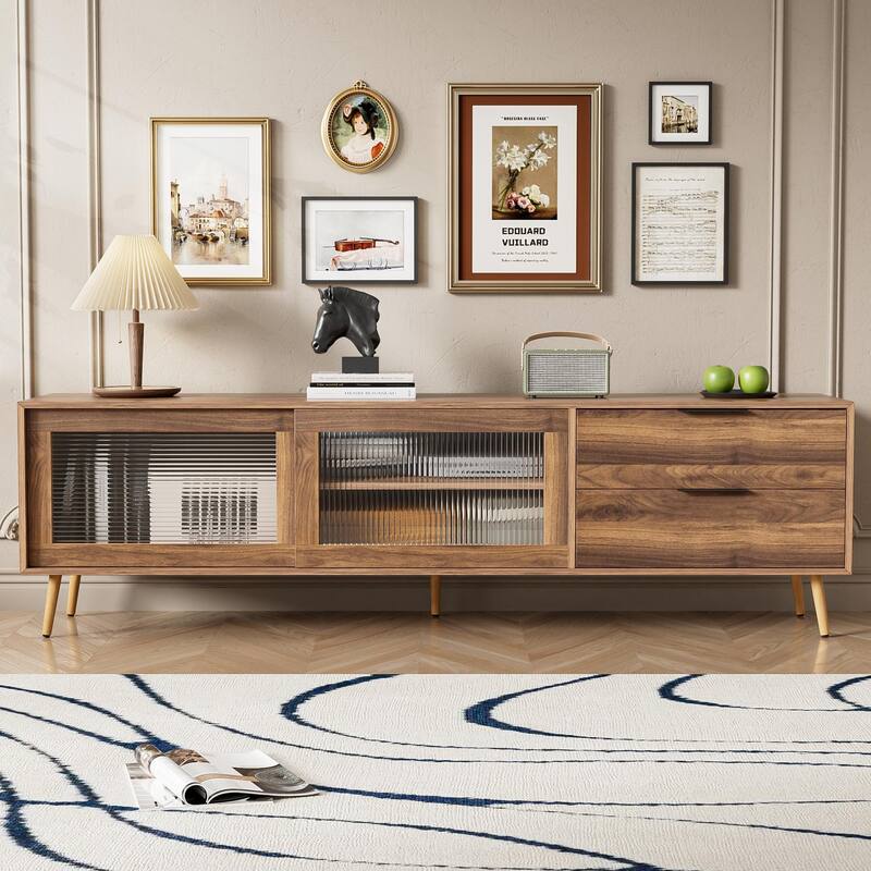 Modern TV Stand for 75"+ TV, TV Console with 2 Glass Doors, Entertainment Center with 2 Drawers & Storage Cabinet