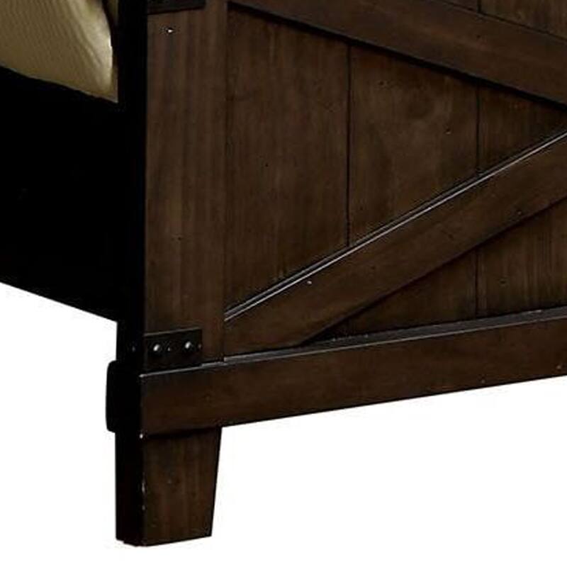 California King Bed with Plank Style X Shaped Details, Dark Brown