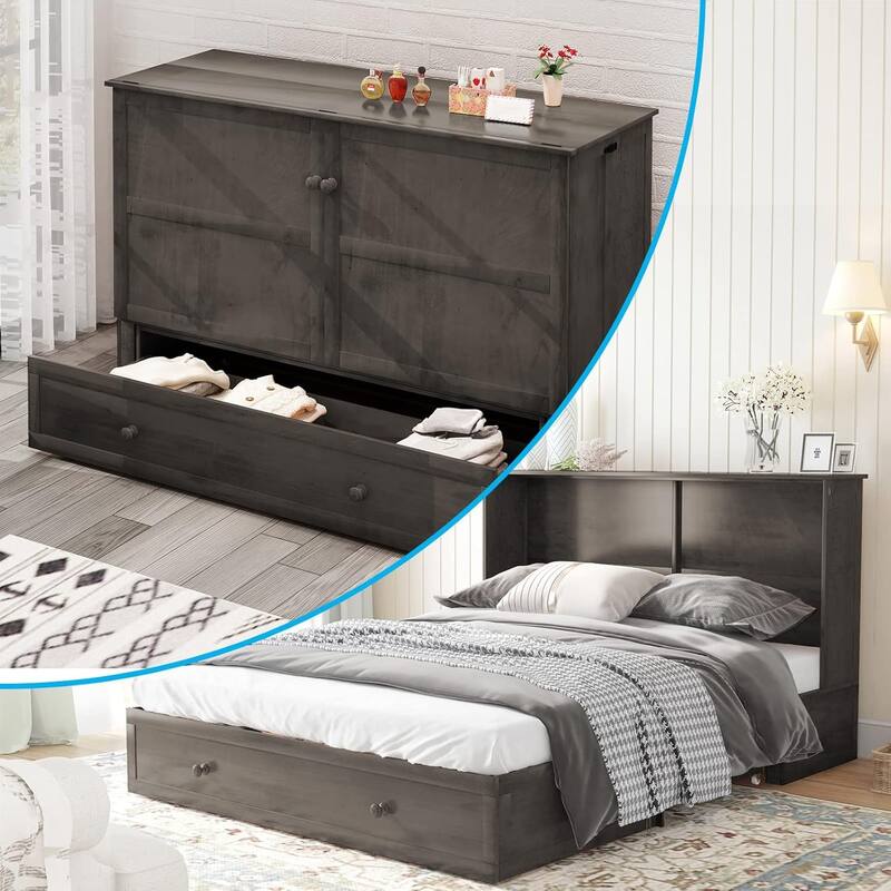 Mixoy Modern Murphy Bed with Mattress and USB Port,Storage Bed with Drawer