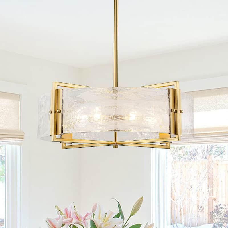Modern Dining Room 6-Light Glazed Glass Drum Pendant Chandelier - 23.6in - Gold
