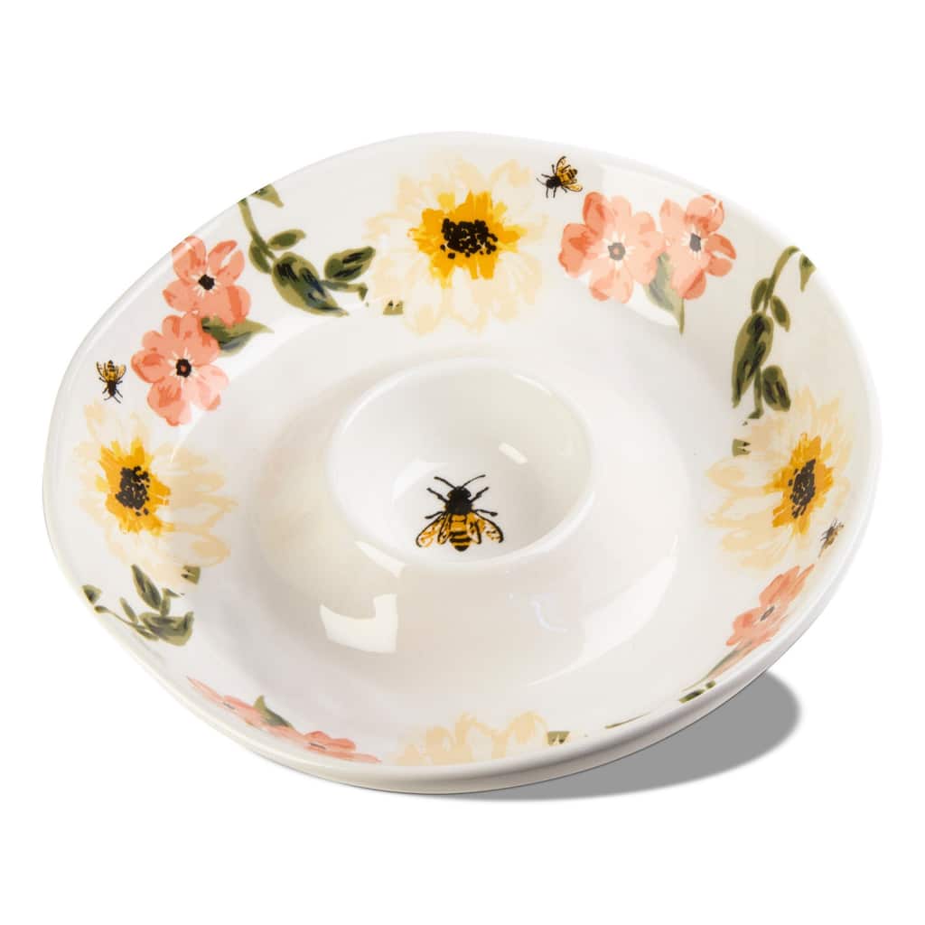 Bee Floral Chip and Dip Serving Tray Set - Multicolor Ceramic Bowls, Dishwasher Safe, 4oz Capacity, Perfect for Everyday Use