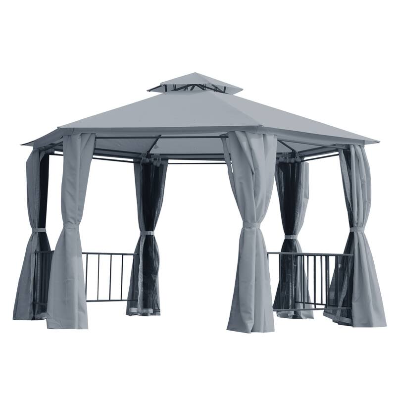 Outsunny 7' x 7' 2-Level Hexagon Outdoor Patio Gazebo Canopy Pavilion with Removable Mesh Curtains, Double Tiered Roof