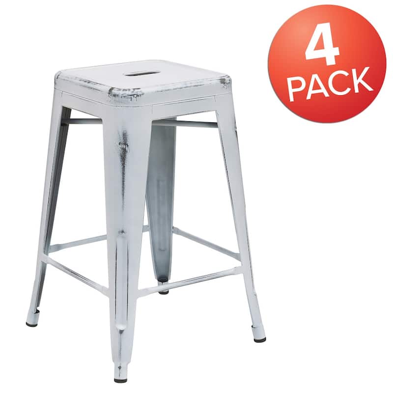 4 Pack 24" High Backless Distressed Metal Indoor-Outdoor Counter Height Stool