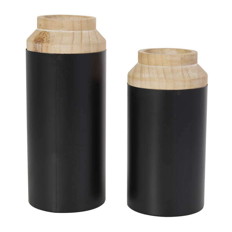 Wood Colorblock Decorative Vase with Light Brown Wood Tops - Set of 2 Black - Roche River Decor