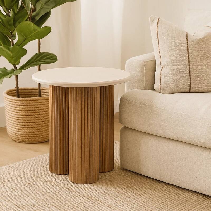 Cid Den End Table, Brown Wood, Round Botticino Marble Top, 20 Inch