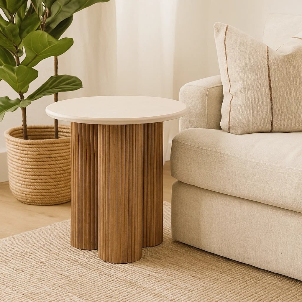 Cid Den End Table, Brown Wood, Round Botticino Marble Top, 20 Inch