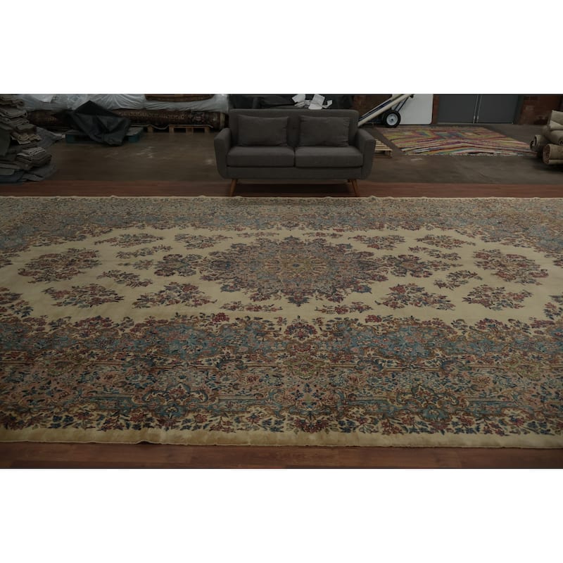 Hand Knotted Oriental 100% Wool Carpet Traditional Floral Beige & Ivories Kerman Area Rug - 20' 2'' X 11' 7''