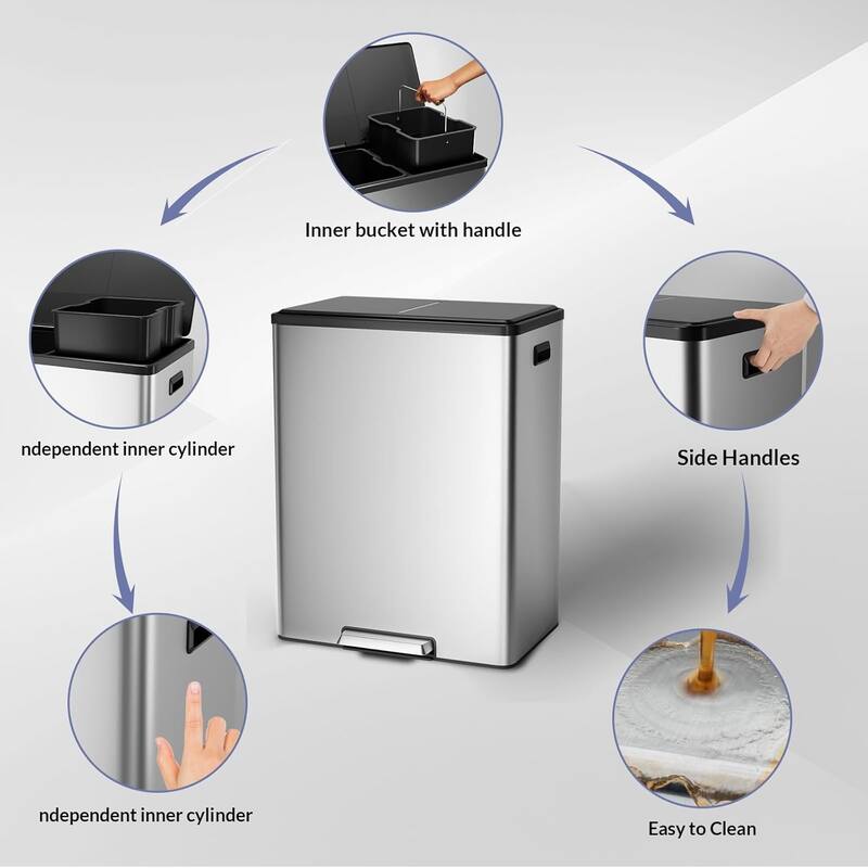 16 Gallon/60 Liter Dual Compartment Trash Can with Double Removable Inner Bucket
