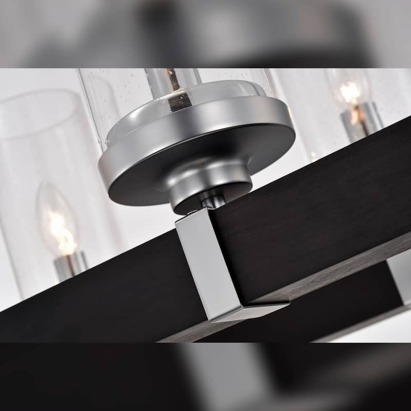 Wood and Metal 6-light Linear Chandelier with Seeded Glass Shades Silver / Black
