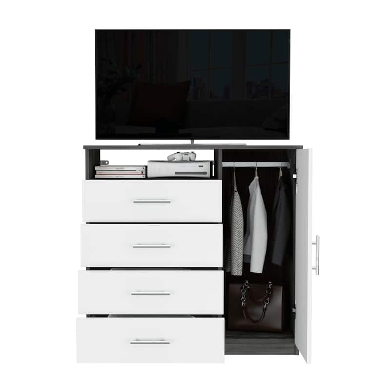 TUHOME Peru 4 Drawer Dresser with Vertical Cupboard & Open Shelf
