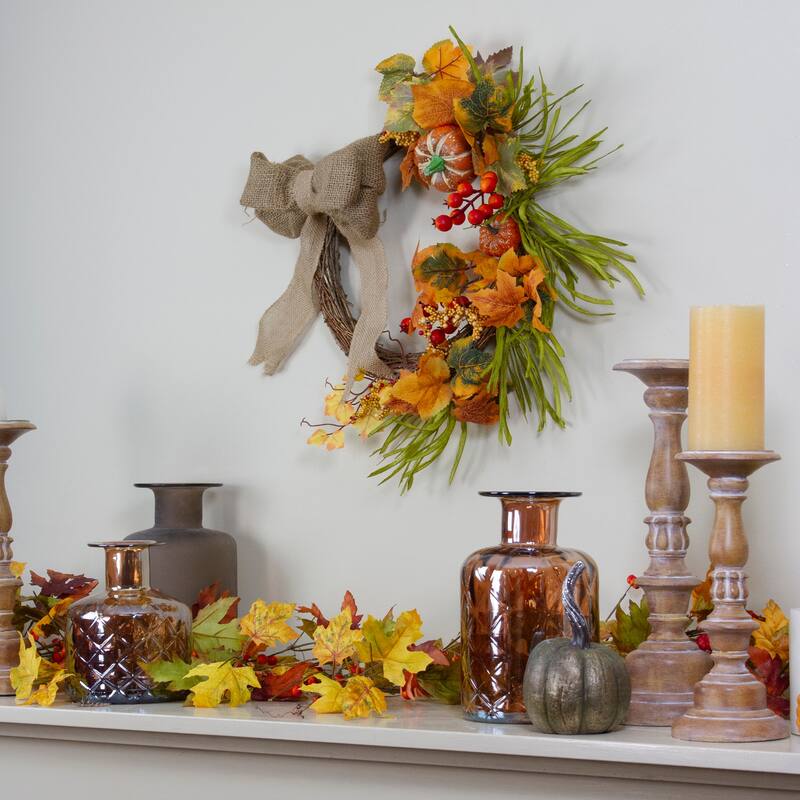 Orange Pumpkins Berries with Bow Artificial Wreath - 20-Inch, Unlit