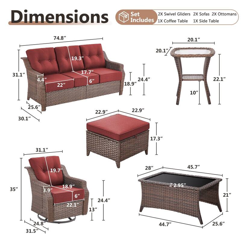 Artisan 8-Piece Patio Brown Wicker Sofa Conversation Set with 6-Inch Thick Cushions