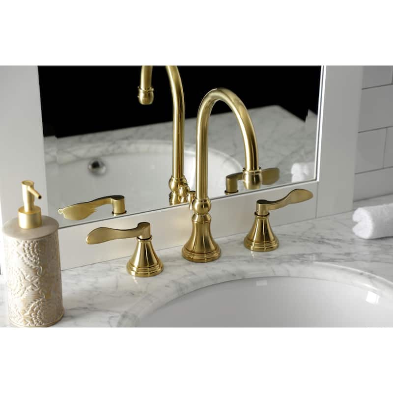 NuFrench Deck Mount Widespread Bathroom Faucet with Brass Pop-Up