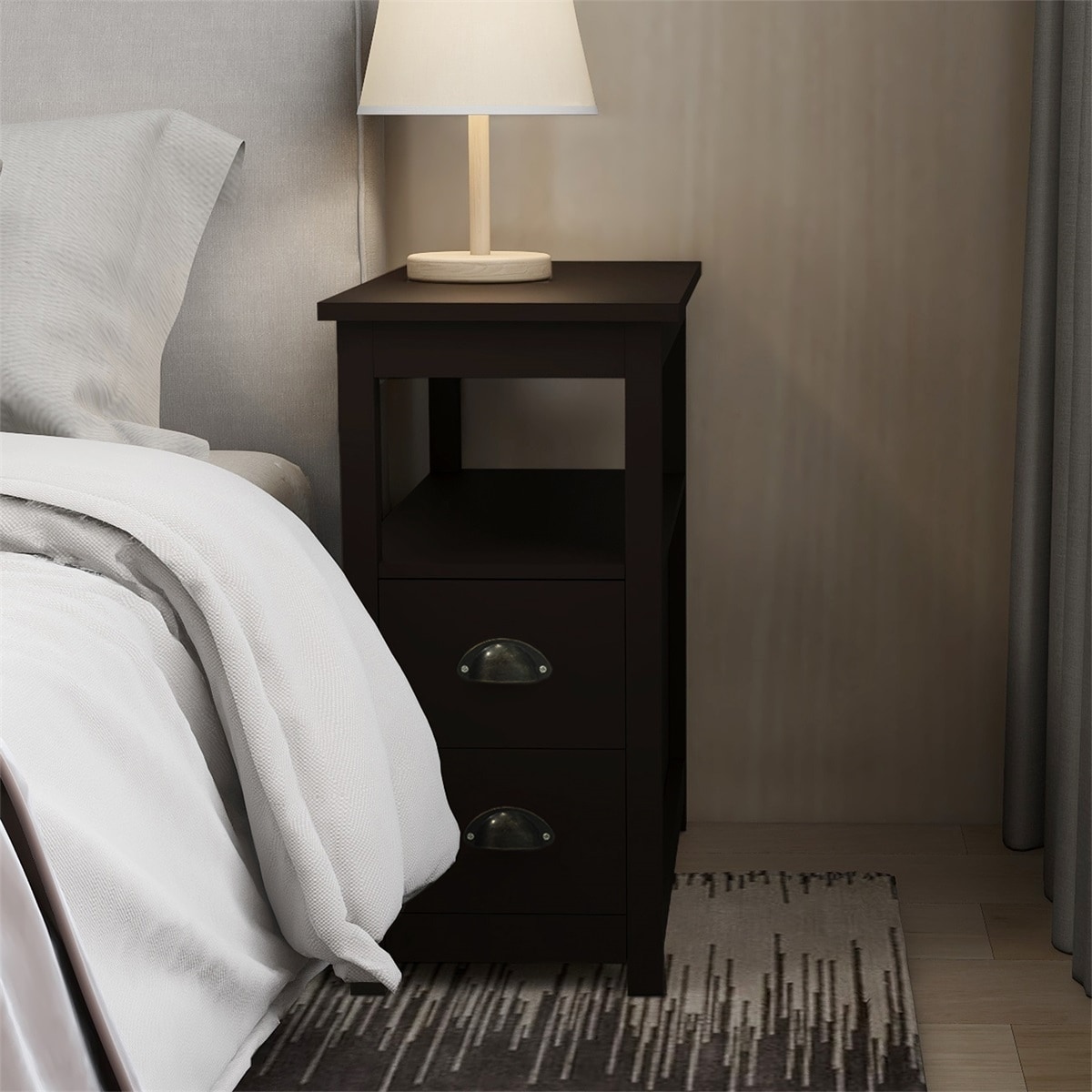 Narrow outlet bedside shelves