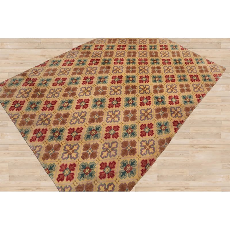 Hand Knotted Tibetan Beige All-Over Wool Transitional Area Rug - 4' 1'' x 5' 8''