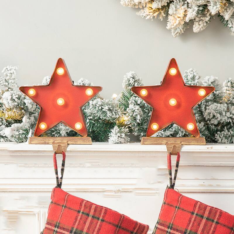 Glitzhome Christmas Marquee LED Star Snowman Tree Gingerbread Stocking Holders Mantel Ornament - 2Pc Star