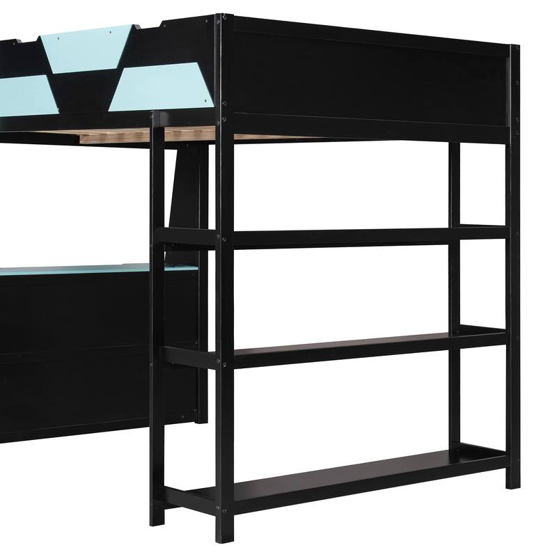Full Size Gaming Loft Bed Station with Desk, Storage Shelves & RGB LED Lights