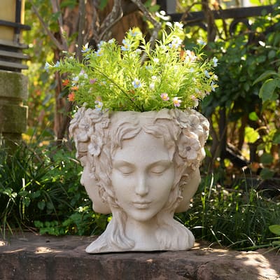 Lady Head Bust Outdoor Garden Planter Pot - 12.5" - Cream