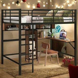 Full Size Metal & Wood Loft Bed with L -shaped desk and shelves, Black