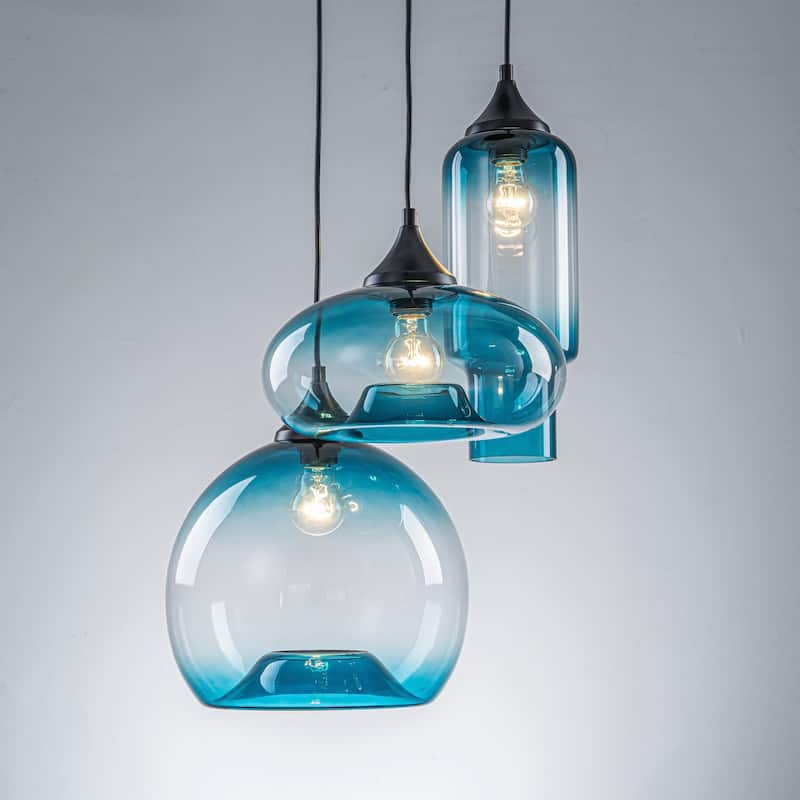 3-Light Modern Black Cluster Pendant Light Gradient Blue Glass Kitchen Island Lighting, Dining Room Ceiling Light - 16.54 in. W x 33.46 in. H - Black