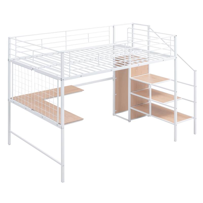 Full Size Metal Loft Bed with L-Shaped Desk, Wardrobe & Storage Ladder, White