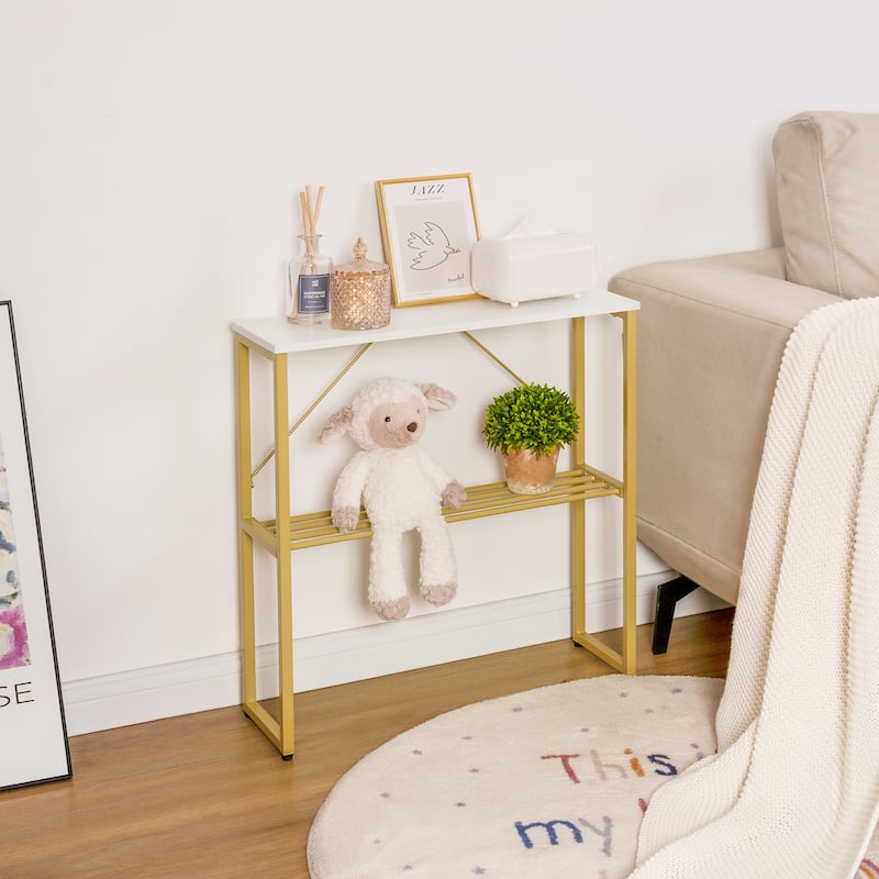 Narrow Side Table with Shelf, 25-inch Tall End Table for Small Space