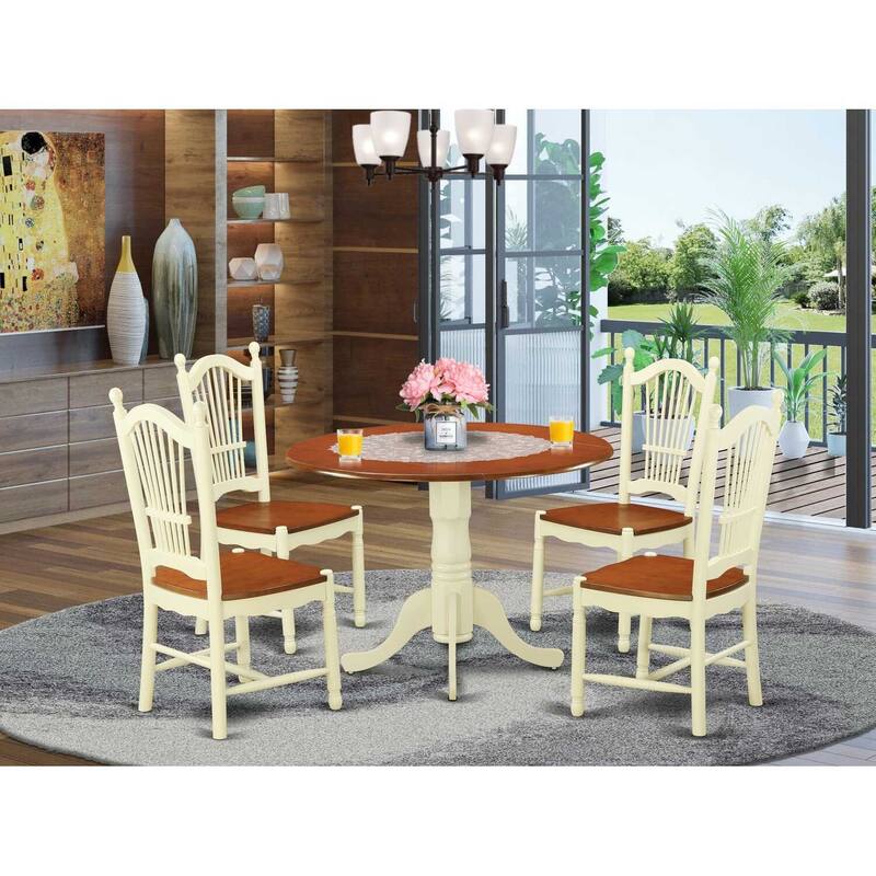 HomeStock 5-Piece Round Buttermilk and Cherry Finish Solid Wood Top Dining table with 4 Chairs