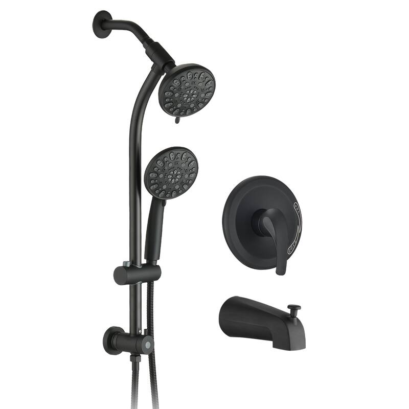 Drill-Free Stainless Steel Slide Bar Combo Rain Showerhead 7-Setting Hand, with Tup Spout (Rough-in Valve Included) - Matte Black